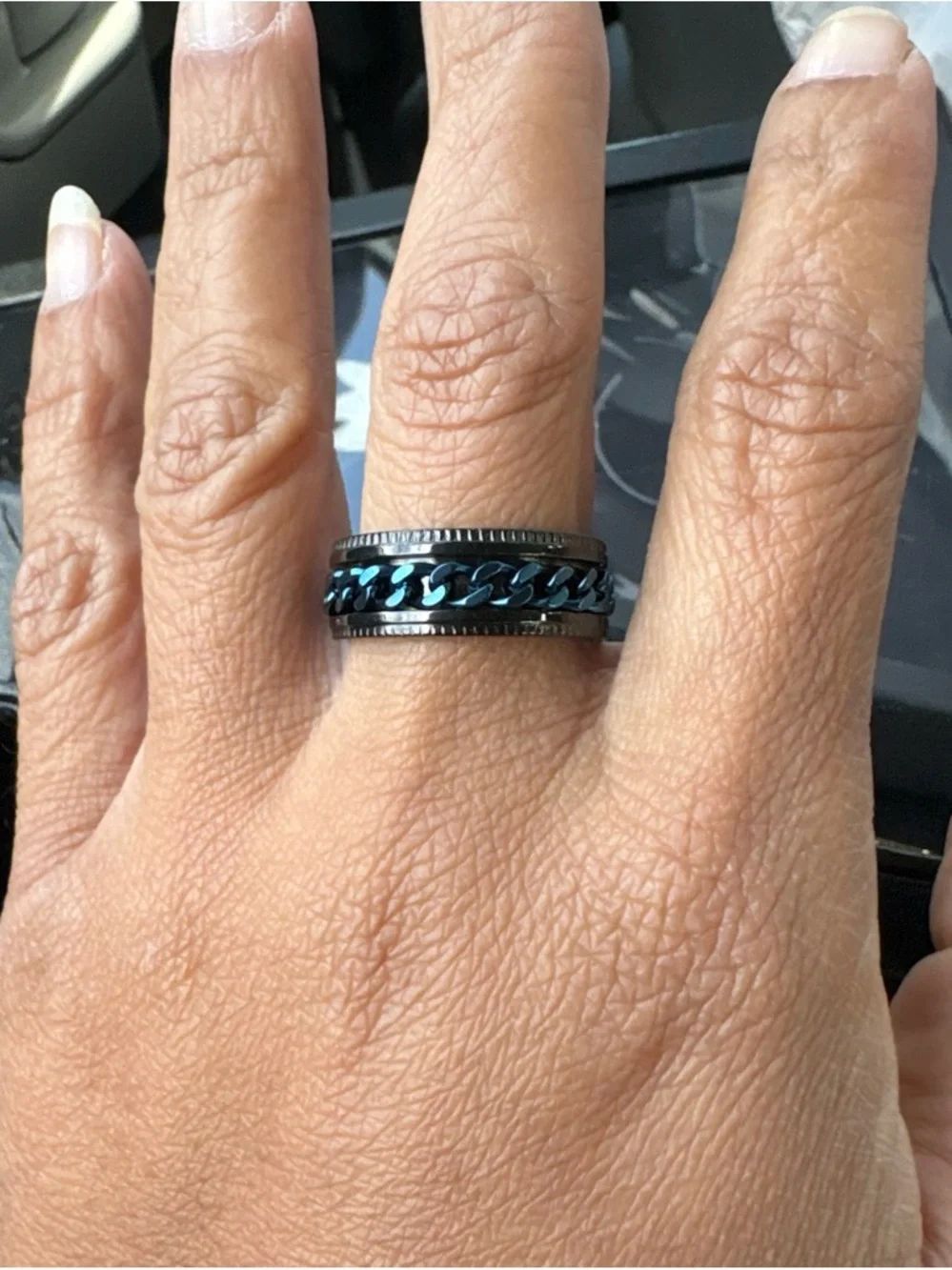 Black and Teal Chain Inlay Spinner Ring